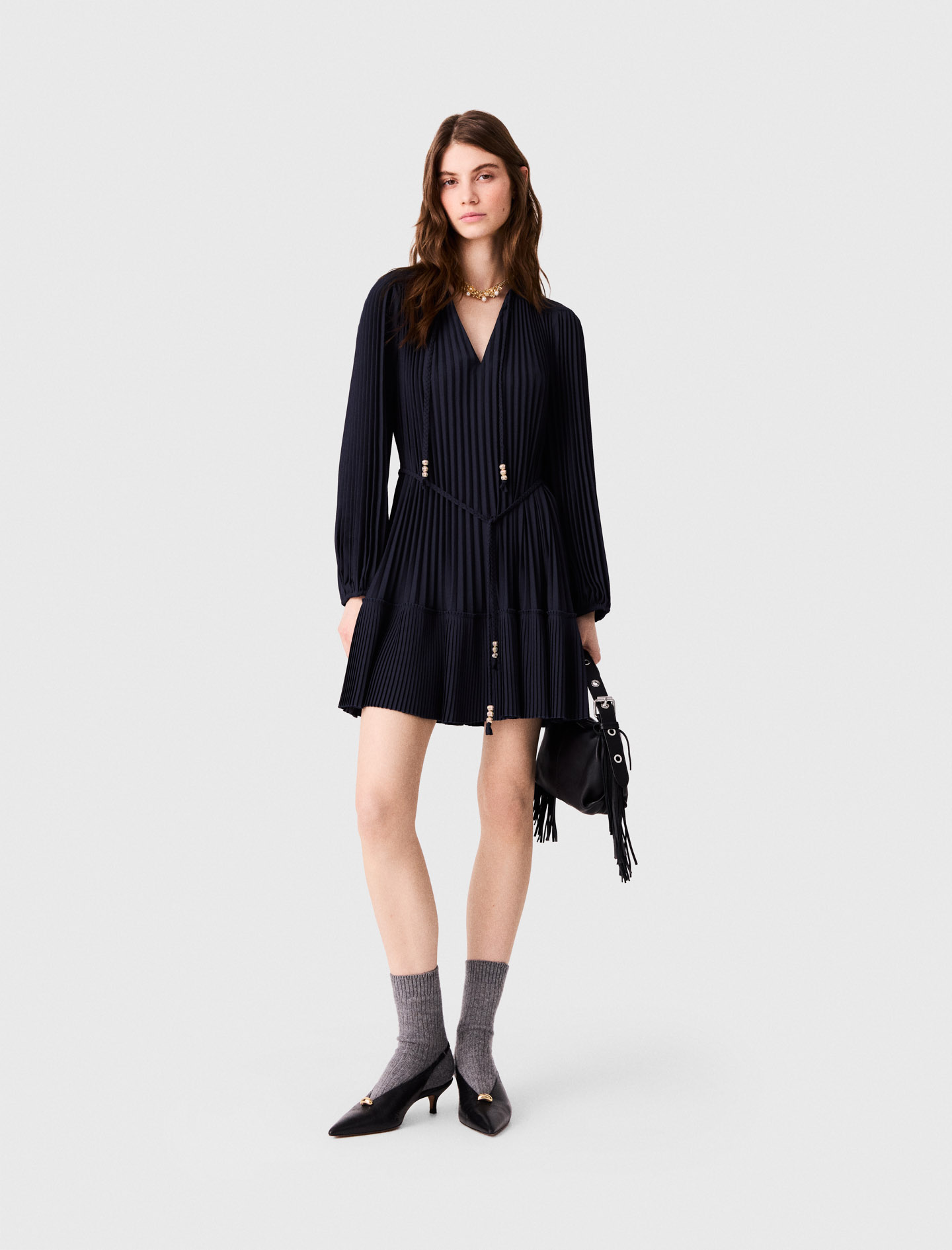 Kurzes Plissiertes Kleid - Marineblau - Größe 32 - Maje
