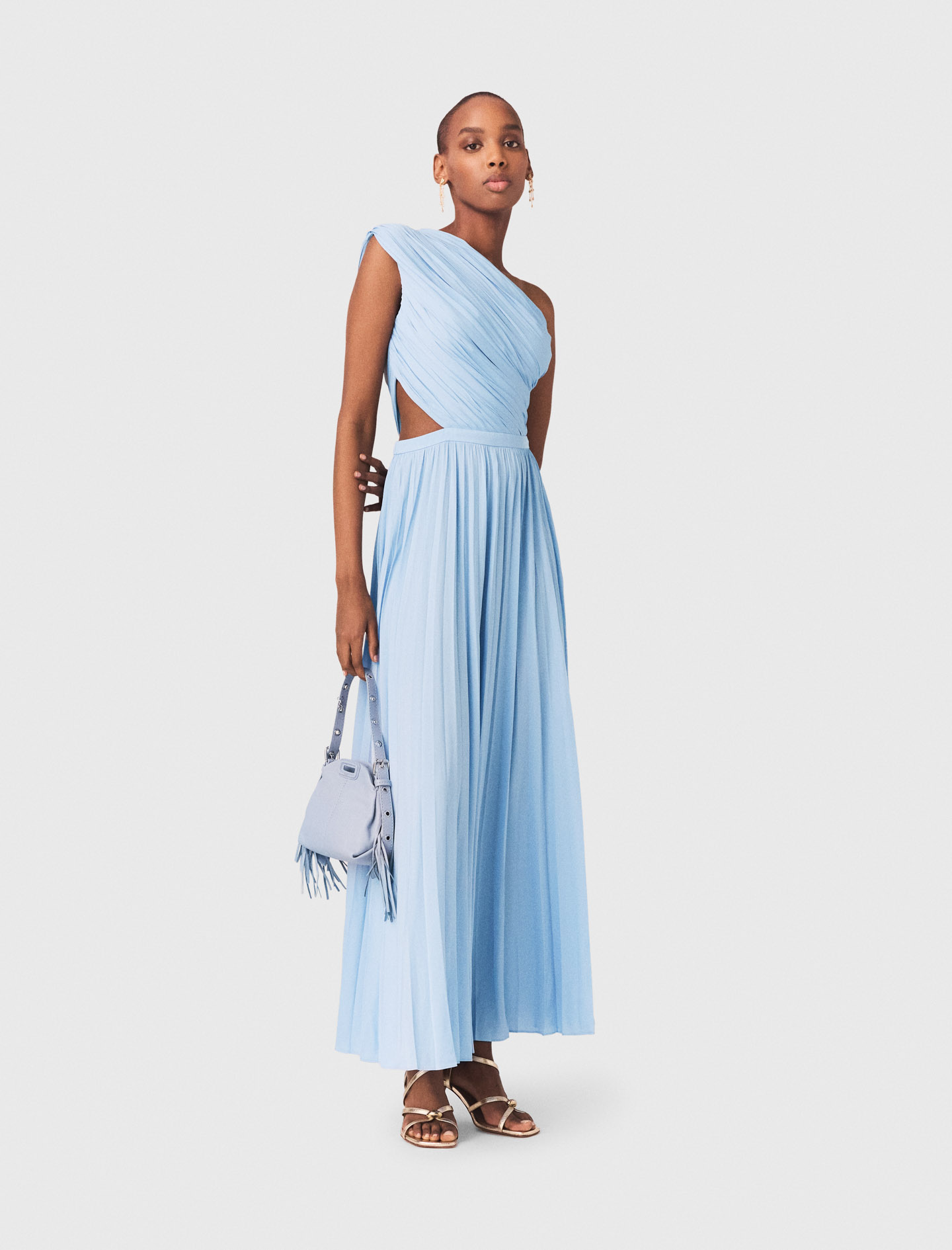 Langes Asymmetrisches Plisseekleid - Blau - Größe 38 - Maje