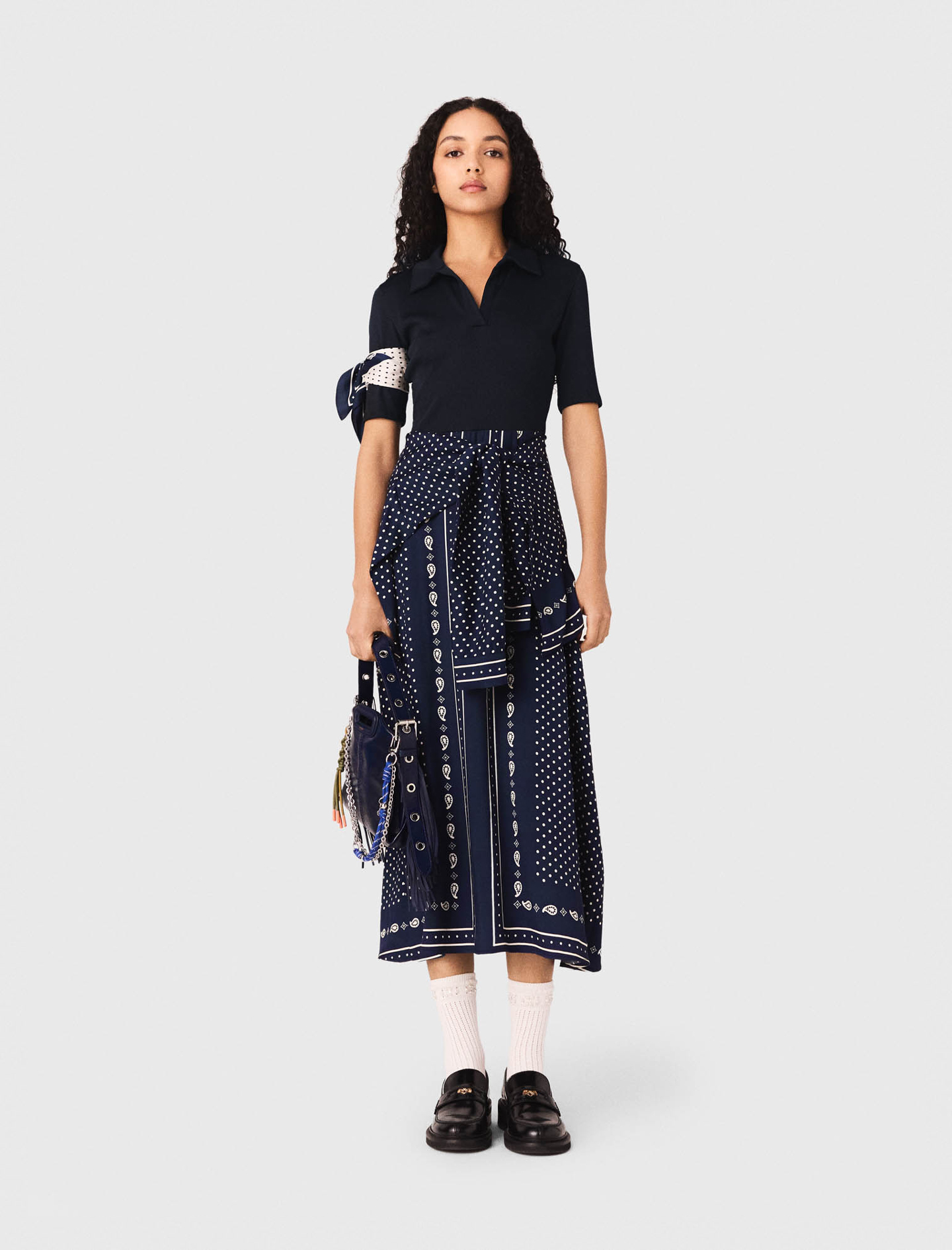 Kleid Im Materialmix Mit Print - Marine Pois Bandana Print - Größe 32 - Maje