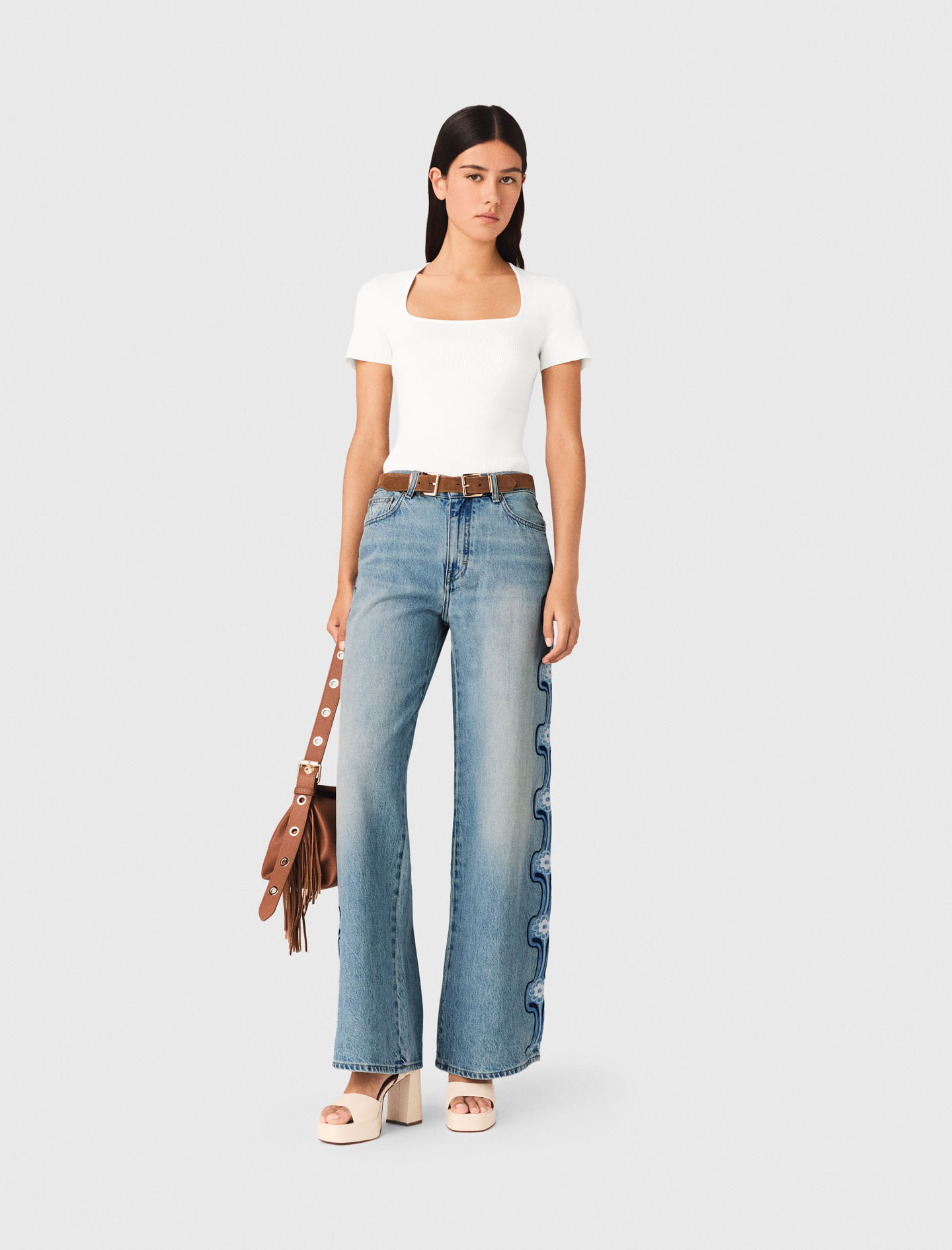 Weite Jeans Mit Blumenstickerei - Blau - Größe 38 - Maje