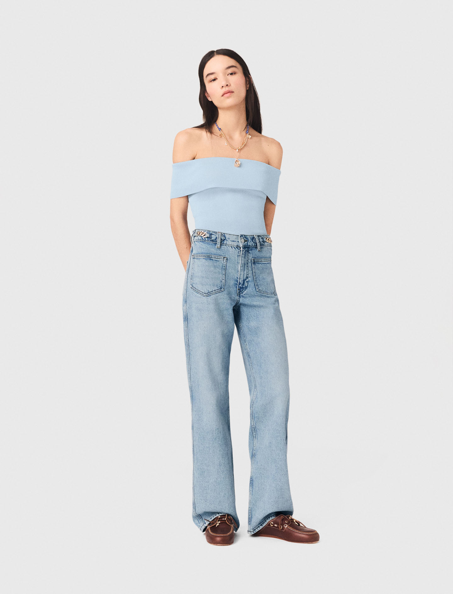Bardot-top Aus Rippstrick - Blau - Größe 38 - Maje