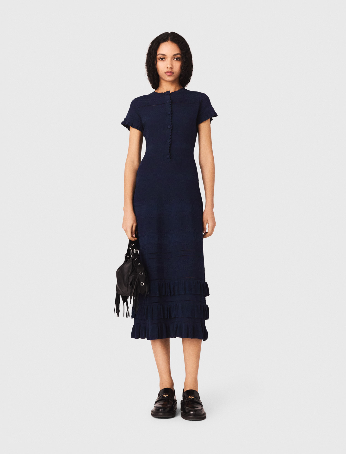 Langes Strickkleid Mit Volants - Marineblau - Größe 34 - Maje