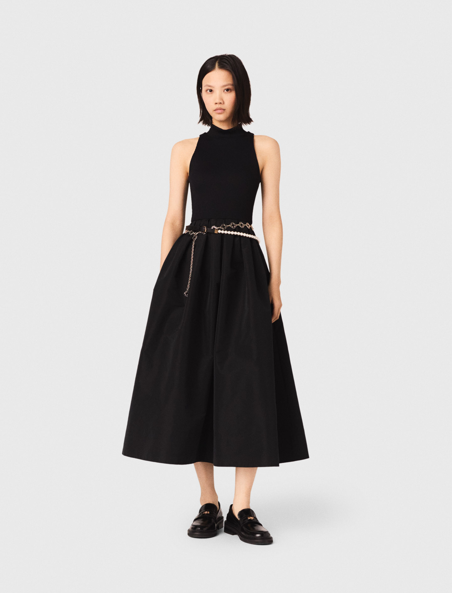 Taftkleid Im Materialmix - Schwarz - Größe 36 - Maje